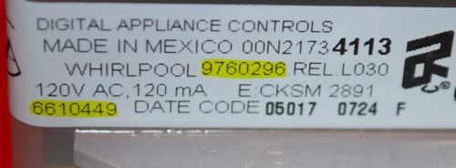 Part # 6610449, 9760296 Whirlpool Oven Electronic Control Board (used, overlay good)