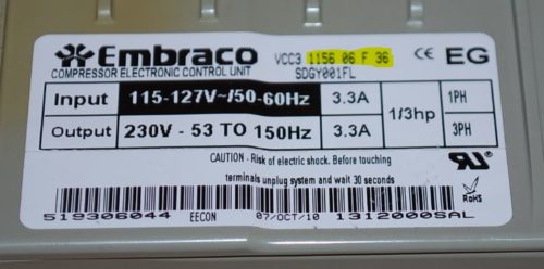 Part # VCC3 1156 06 F 36 - Embraco Refrigerator Compressor Electronic Control Unit (used)