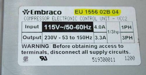 Part # EU 1556 02B 04 - Embraco Refrigerator Compressor Electronic Control Unit (used)