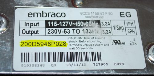 Part # 200D5948P028, VCC3 1156 V2 F 90 GE Refrigerator Compressor Control Unit (used)