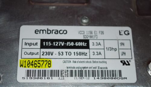 Part # W10465778, VCC3 1156 E1 F26 Whirlpool Refrigerator Electronic Compressor Control Unit (used)