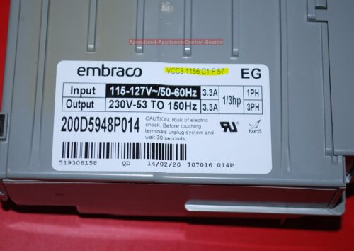 Part # VCC3 1156 C1 F 57, 200D5948P014 - Embraco Refrigerator Compressor Control Unit (used)