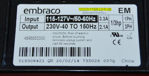 Part # VCC3 1156 L3 F 08 - Embraco Refrigerator Compressor Control Unit (used)