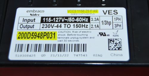 Part # VCC3 1156 Z5F A9 | 200D5948P031 - GE Refrigerator Compressor Control Unit/Inverter (used)