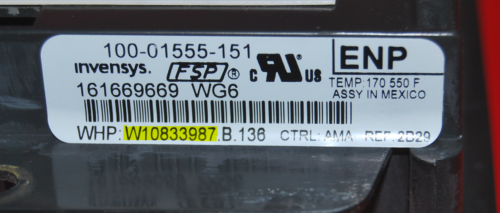 Part # W10833987 - Whirlpool Board Control (used, overlay fair - White)